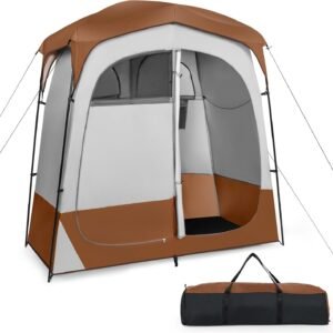 2 Room Shower Tent, Portable Camping Changing Tent with Floor Drain,Detachable Rain Fly, Stakes & Ropes, UV Protection, Water Resistant Privacy Tent for Outdoor Toilet, Dressing (Coffe)