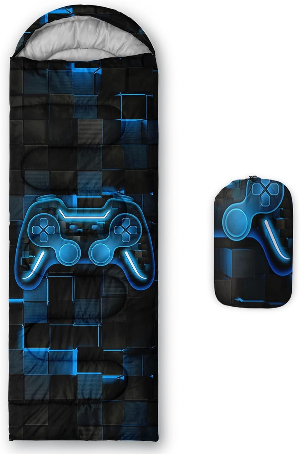 Gamepad Sleeping Bag,3 Season Warm and Cool Weather Game Console Sleeping Bag for Boys Teens,Waterproof Lightweight Geometry Hexagonal Sleeping Bag for Traveling,Outdoors Camping,Blue,Black