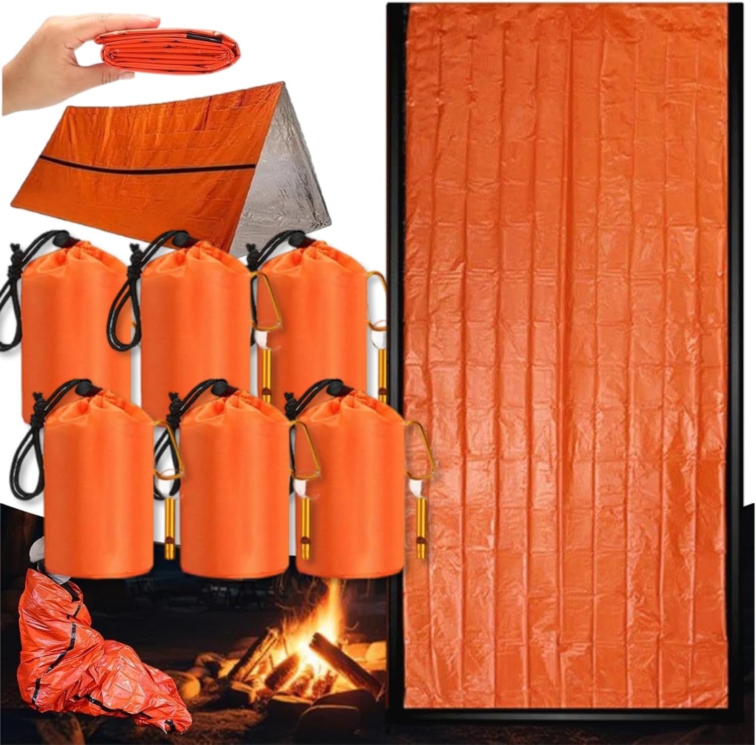 Emergency Sleeping Bag with Whistle, Portable Emergency Survival Bag, Lightweight Pocket Size Emergency Sleeping Bag, Waterproof Thermal Bivy Sack for Camping, Hiking (6)